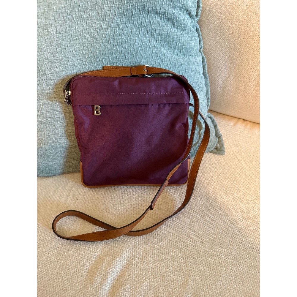 Bogner Plum Purple Nylon Leather Trim Crossbody Messenger Bag Silver B Logo